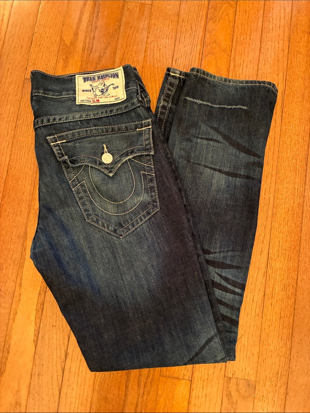 True Religion Men's Indigo Slim Straight Jeans with Signature Pocket